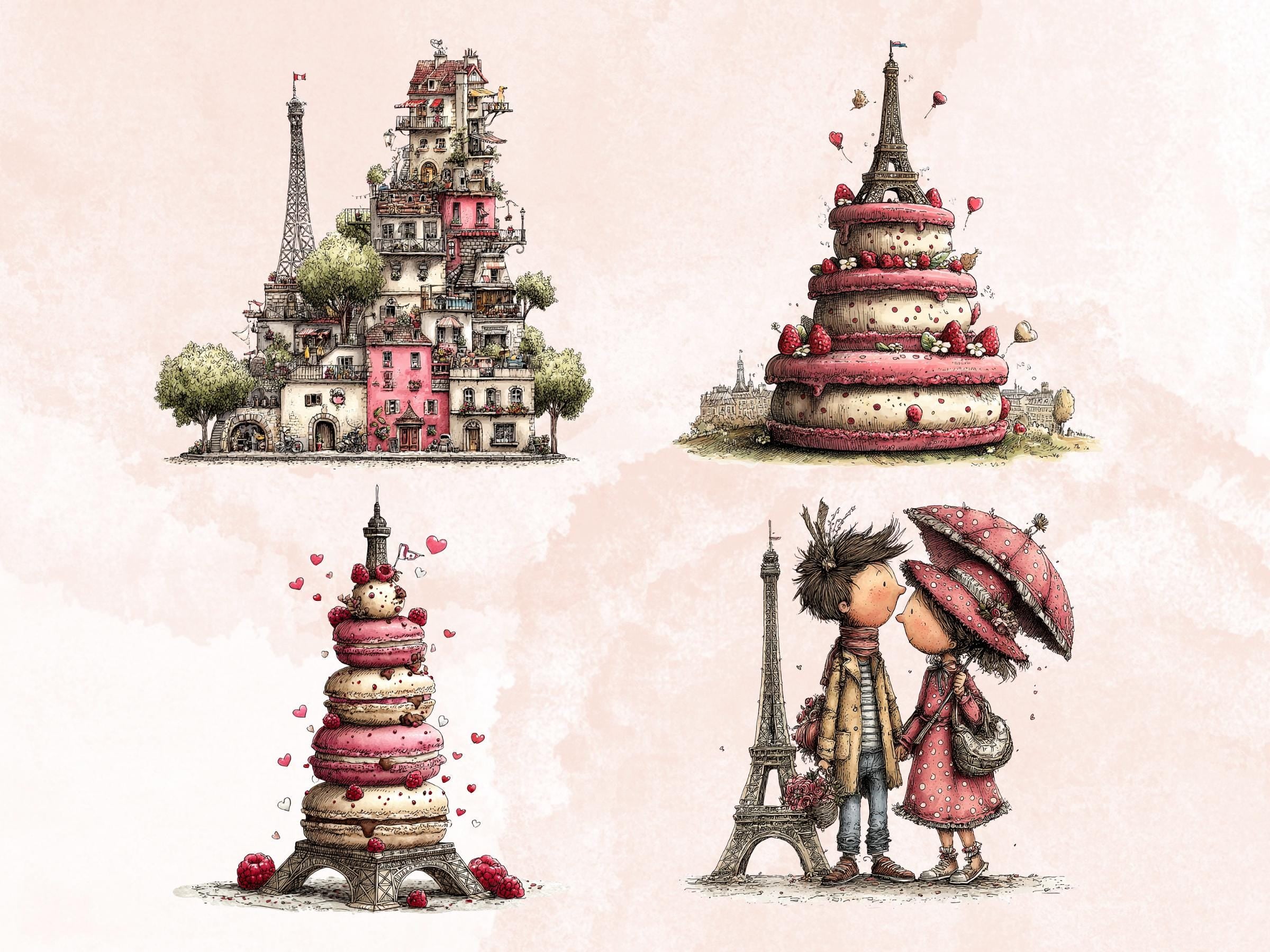 Whimsical Paris Clipart Bundle, Quirky Floral Spring City PNG Illustrations (Digital Download, Commercial Use)