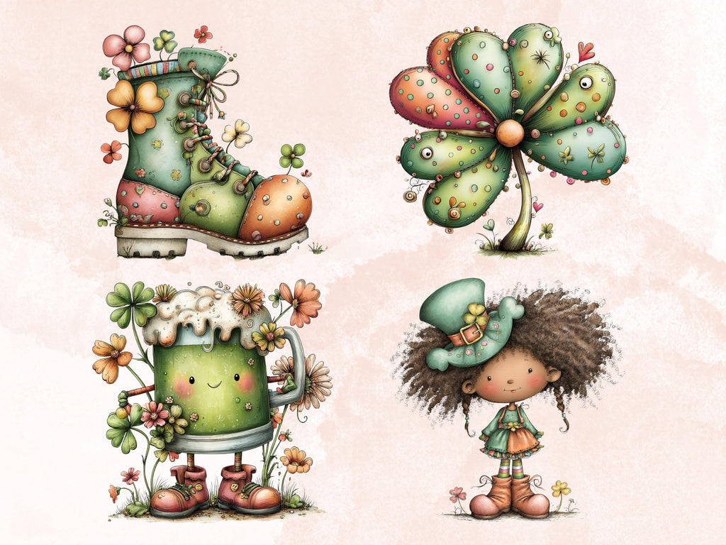 St Patrick’s Day Clipart Bundle, Whimsical Quirky Irish Leprechaun PNG Illustrations (Digital Download, Commercial Use)