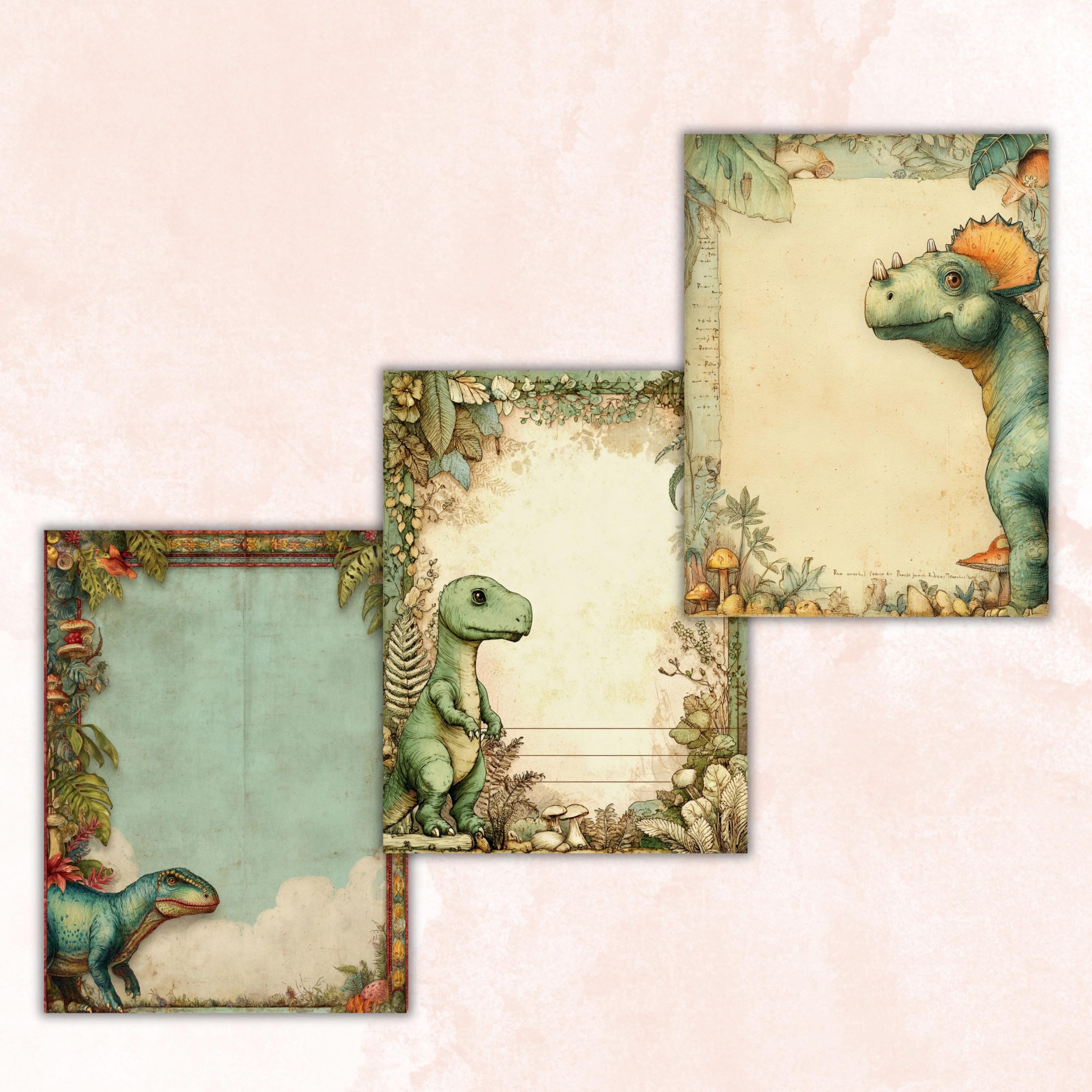42 Dinosaur Border Lined Pages Printable, Letter Size Dino Writing Paper Kids Stationery Commercial Use