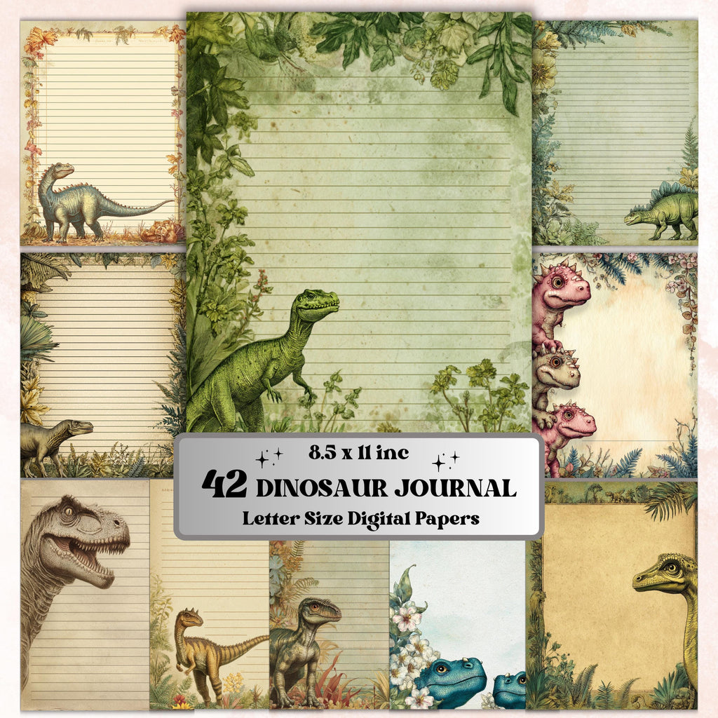 42 Dinosaur Border Lined Pages Printable, Letter Size Dino Writing Paper Kids Stationery Commercial Use