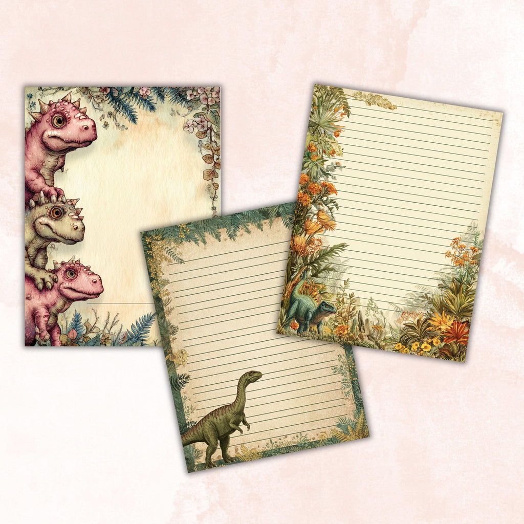 42 Dinosaur Border Lined Pages Printable, Letter Size Dino Writing Paper Kids Stationery Commercial Use
