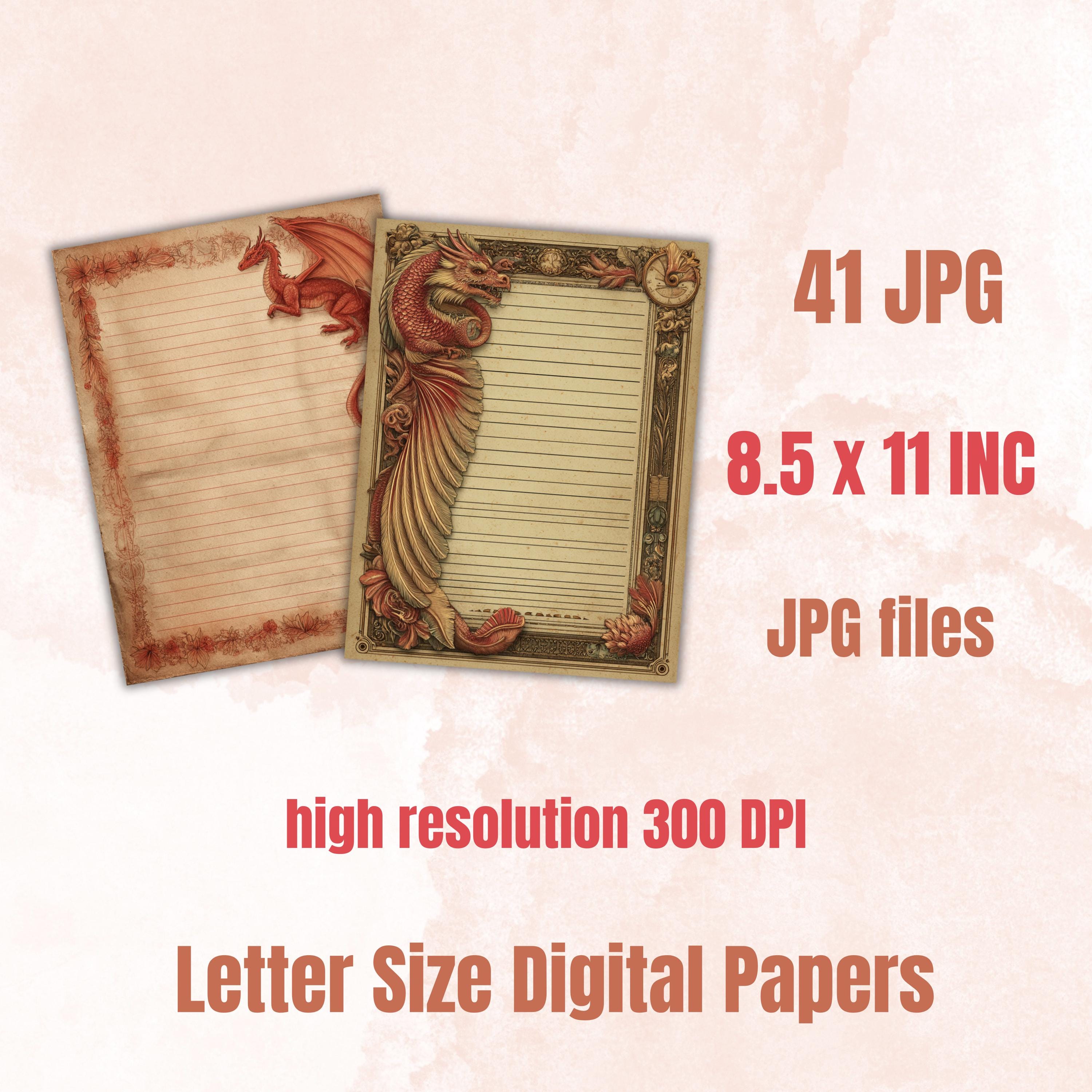 41 Dragon Border Lined Pages Printable, Letter Size Fantasy Dragon Writing Paper Stationery Commercial Use