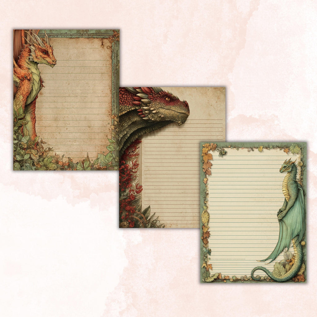 41 Dragon Border Lined Pages Printable, Letter Size Fantasy Dragon Writing Paper Stationery Commercial Use