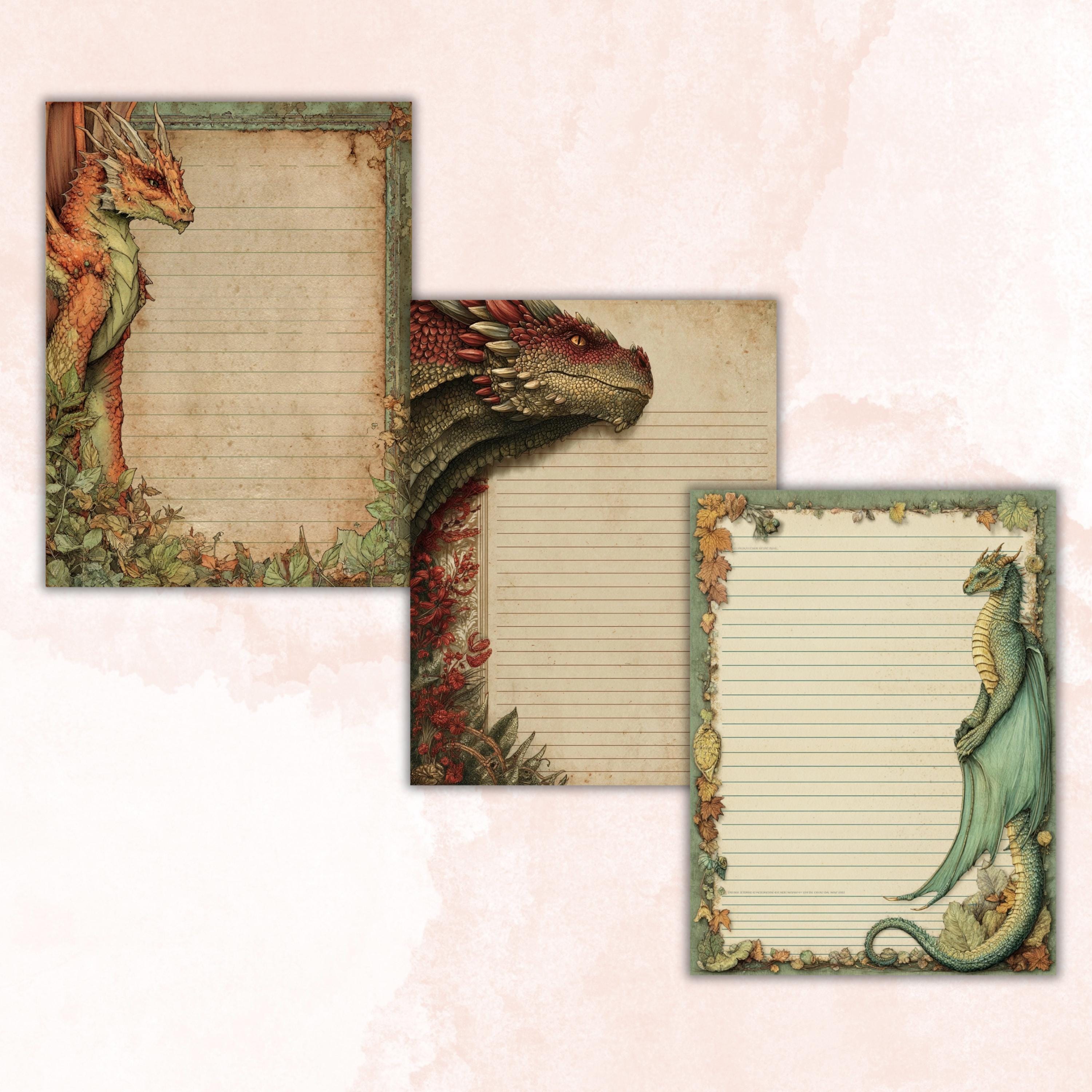 41 Dragon Border Lined Pages Printable, Letter Size Fantasy Dragon Writing Paper Stationery Commercial Use