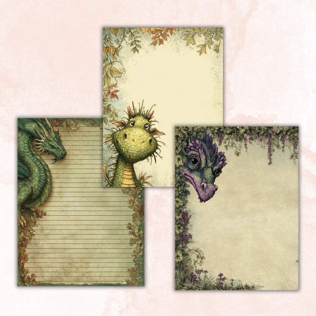 41 Dragon Border Lined Pages Printable, Letter Size Fantasy Dragon Writing Paper Stationery Commercial Use