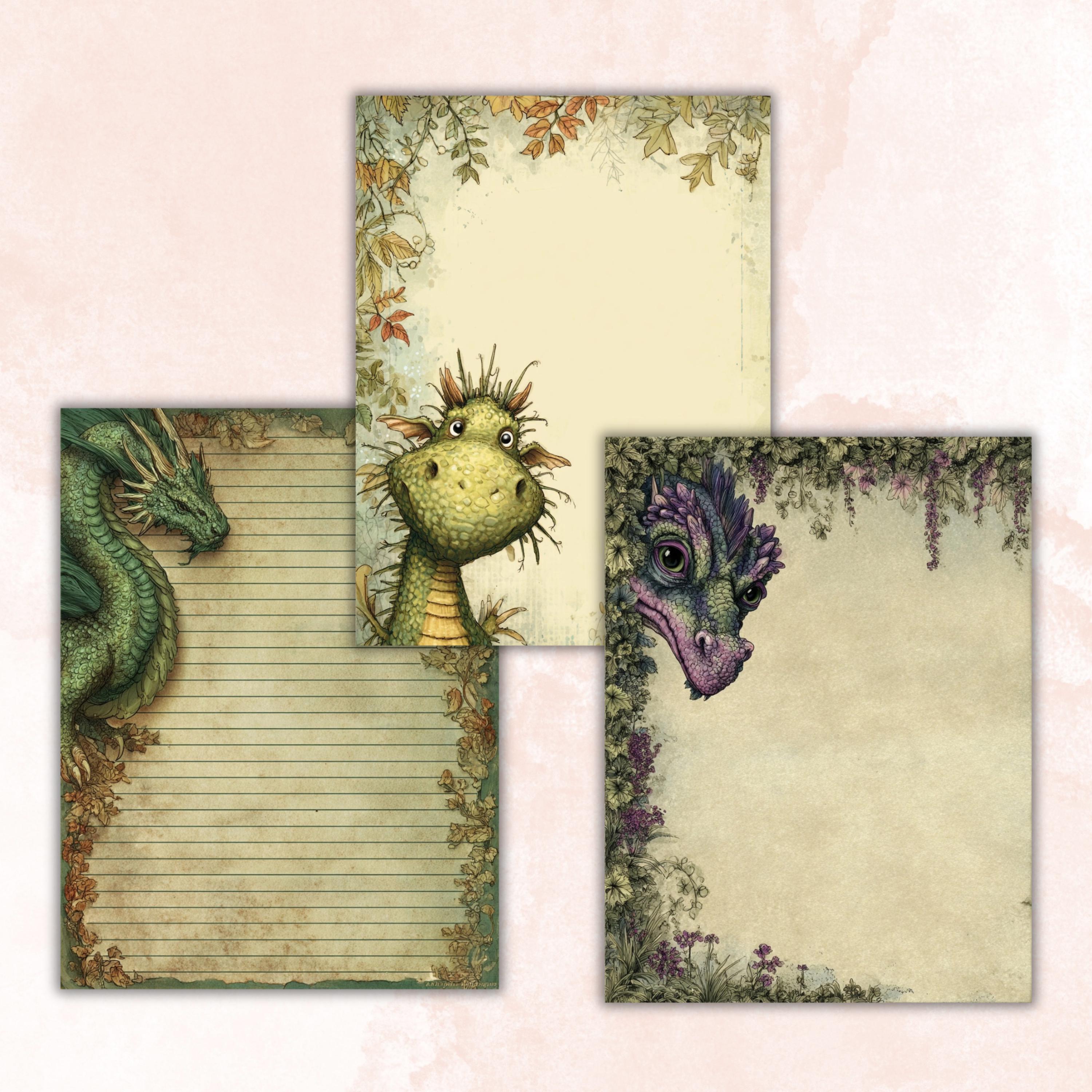 41 Dragon Border Lined Pages Printable, Letter Size Fantasy Dragon Writing Paper Stationery Commercial Use
