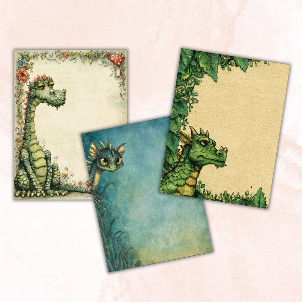 41 Dragon Border Lined Pages Printable, Letter Size Fantasy Dragon Writing Paper Stationery Commercial Use