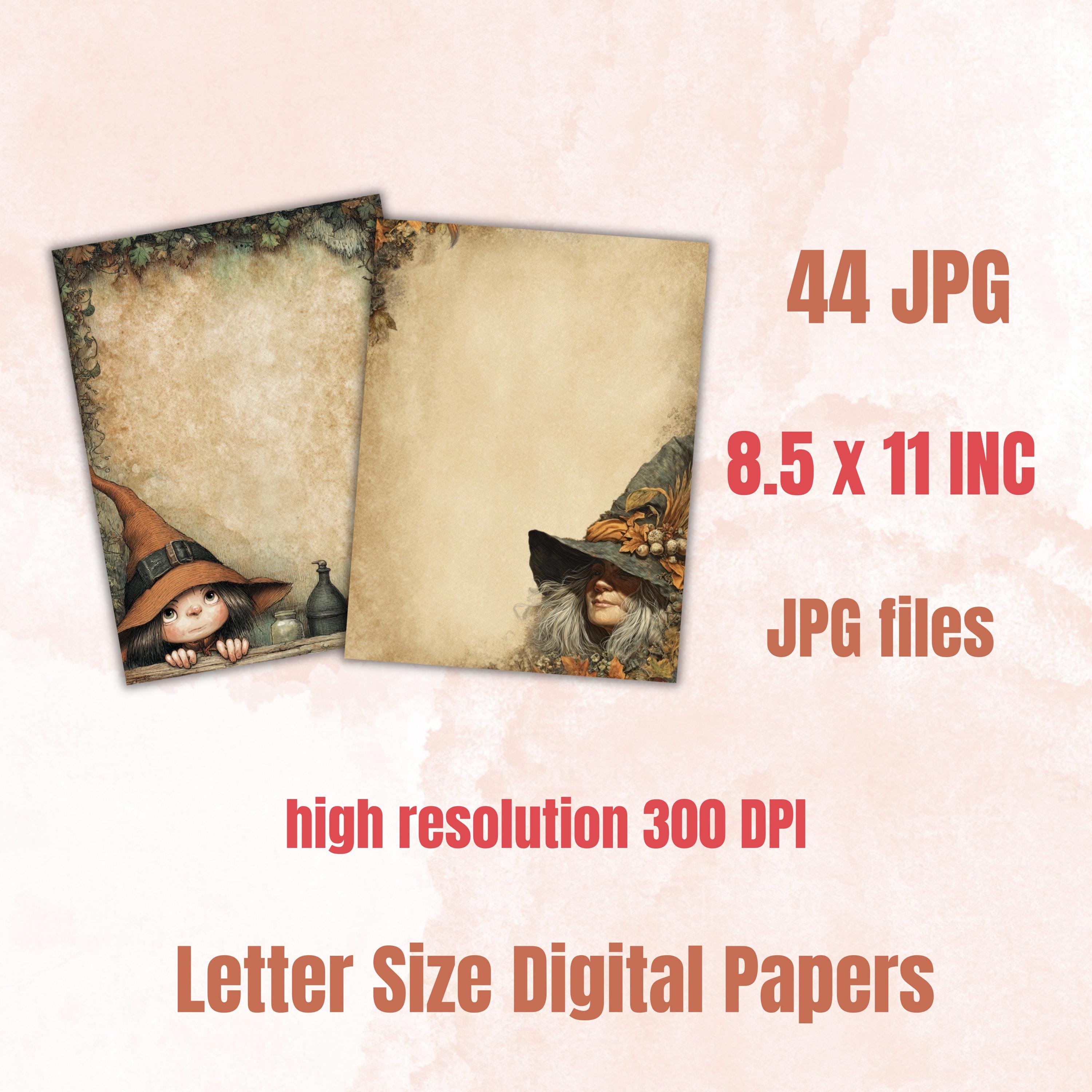 44 Witch Peeking Border Lined Pages Printable, Letter Size Cute Witch Writing Paper Halloween Stationery Commercial Use