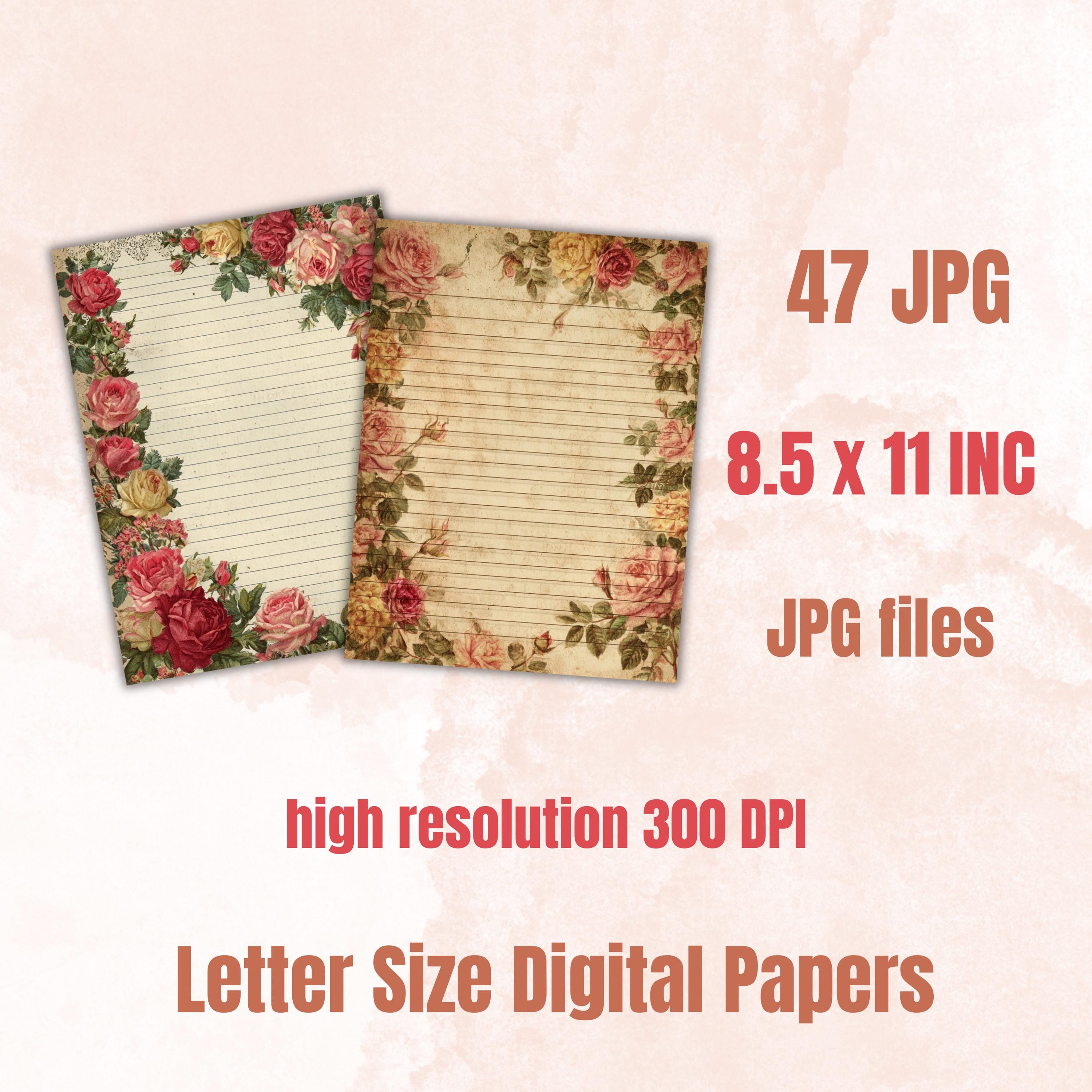 47 Shabby Chic Floral Border Lined Pages Printable, Letter Size Vintage Flower Writing Paper Stationery Commercial Use