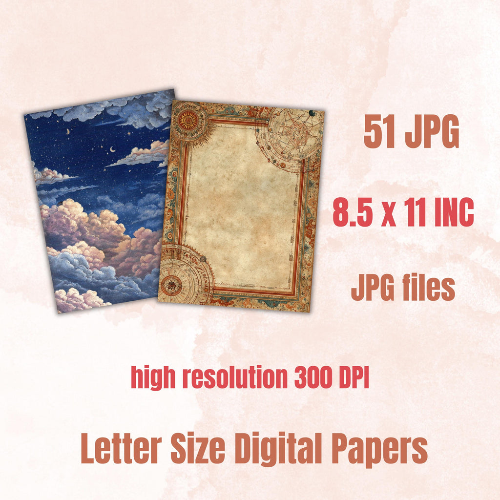 Celestial Borders Lined Pages, Moon Star Writing Paper, Astrology Journal Pages, Cosmic Stationery Printable, Letter Size