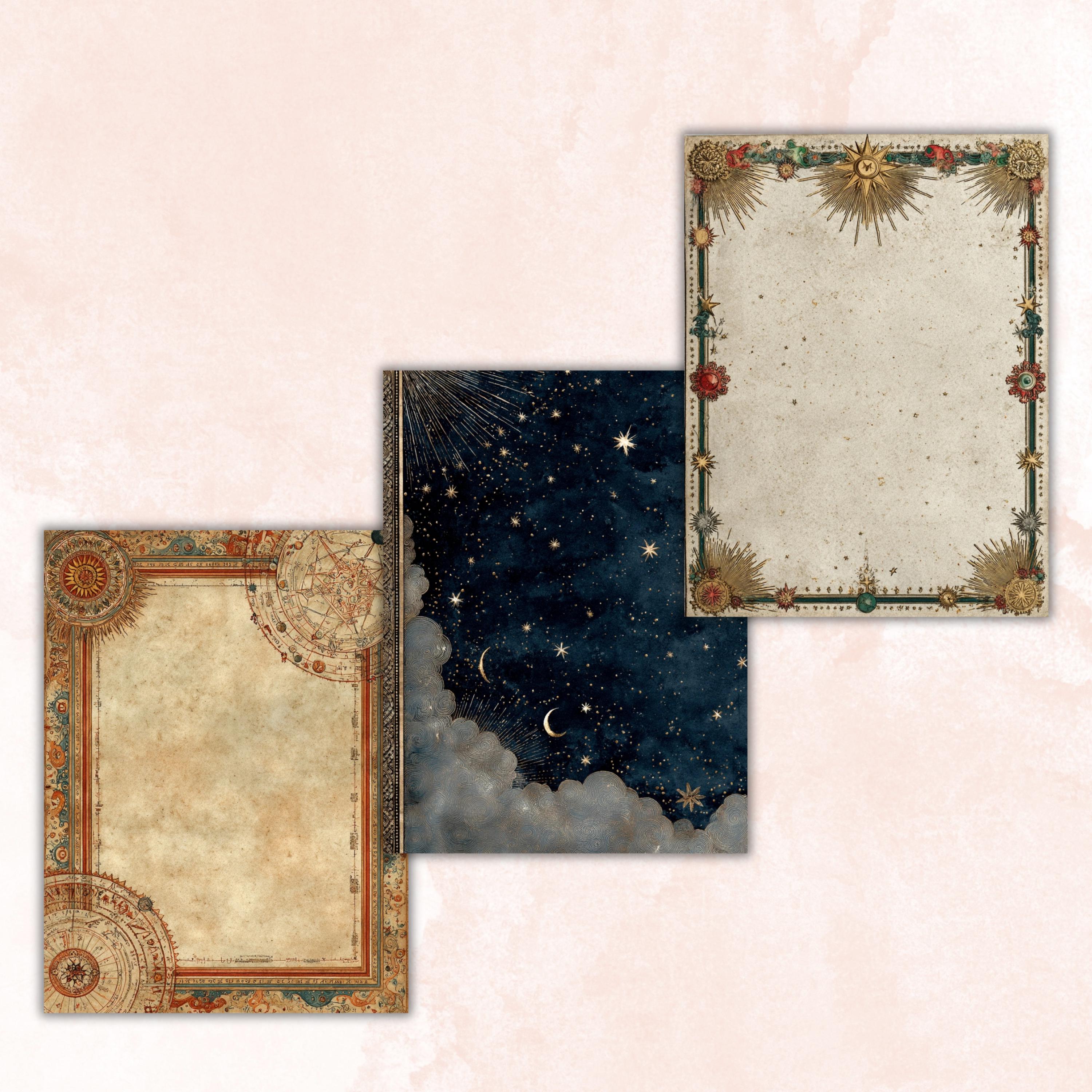 Celestial Borders Lined Pages, Moon Star Writing Paper, Astrology Journal Pages, Cosmic Stationery Printable, Letter Size
