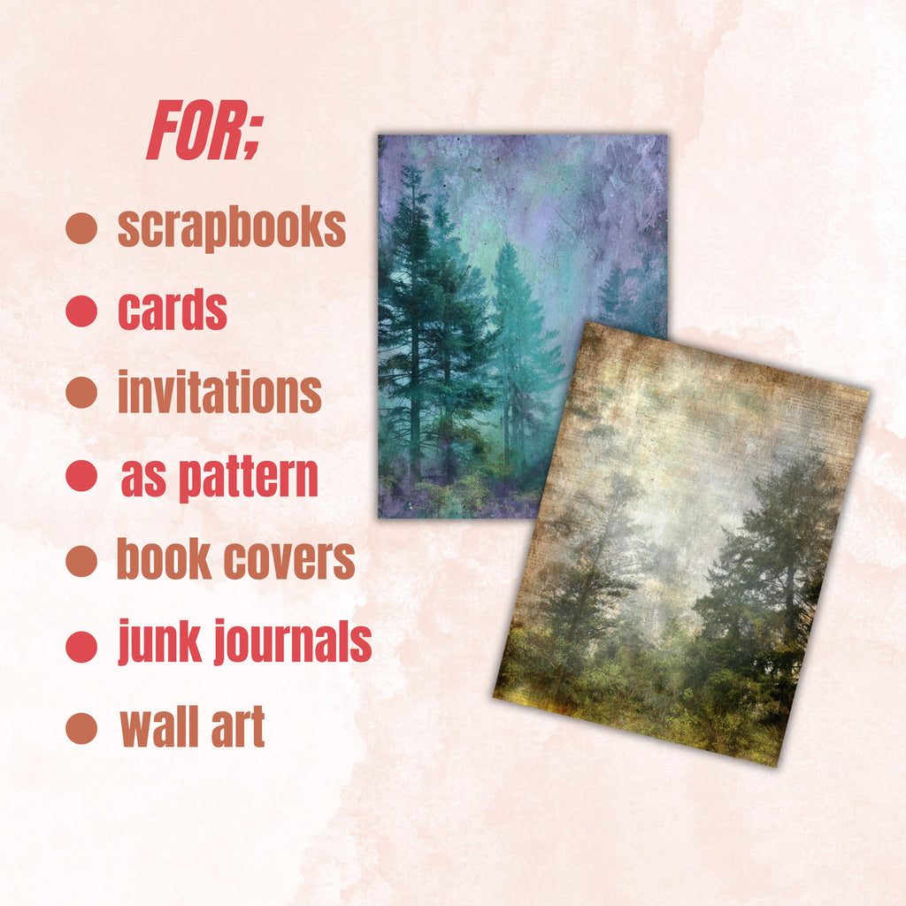 Abstract Grunge Forest Pages, Woodland Junk Journal Backgrounds, Forest Texture Collage Paper, Printable Letter Size Journal Pages