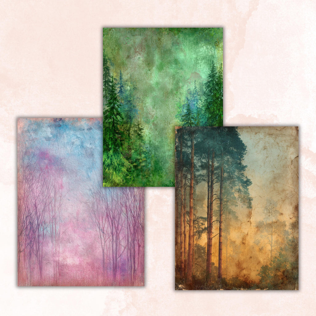 Abstract Grunge Forest Pages, Woodland Junk Journal Backgrounds, Forest Texture Collage Paper, Printable Letter Size Journal Pages