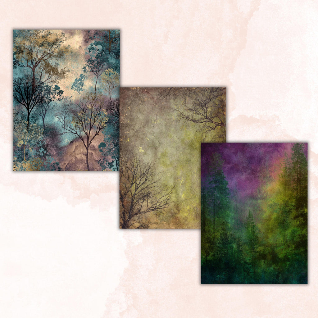 Abstract Grunge Forest Pages, Woodland Junk Journal Backgrounds, Forest Texture Collage Paper, Printable Letter Size Journal Pages