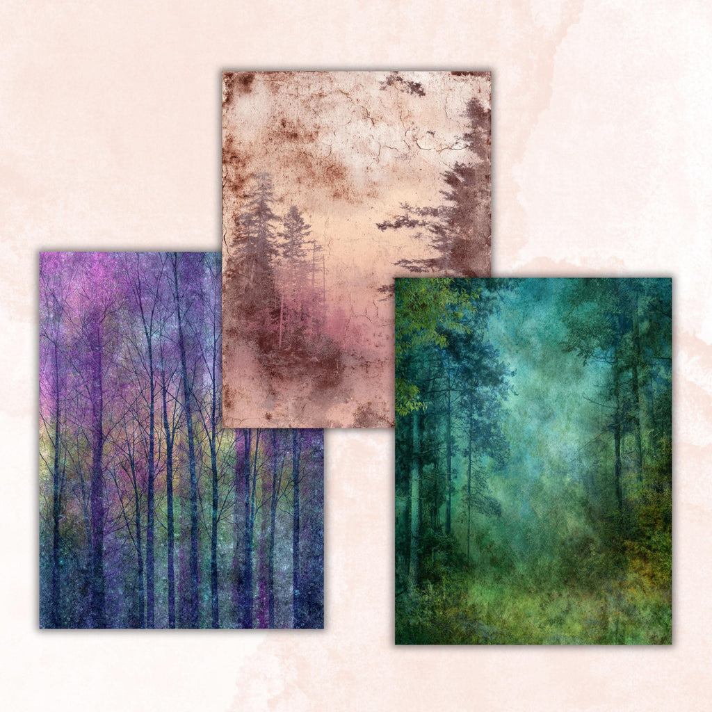 Abstract Grunge Forest Pages, Woodland Junk Journal Backgrounds, Forest Texture Collage Paper, Printable Letter Size Journal Pages