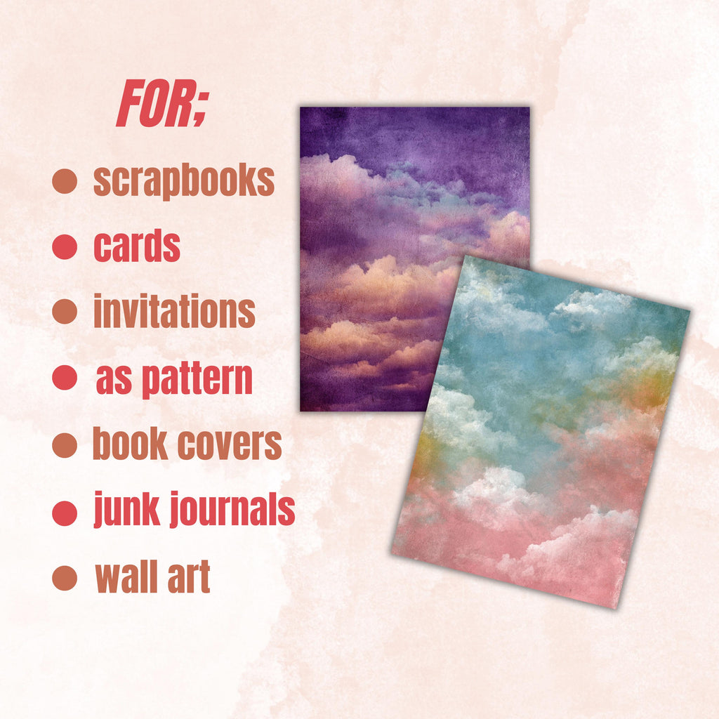Abstract Grunge Sky Pages, Cloud Texture Backgrounds, Junk Journal Sky Paper, Atmospheric Collage Pages, Printable Letter Size