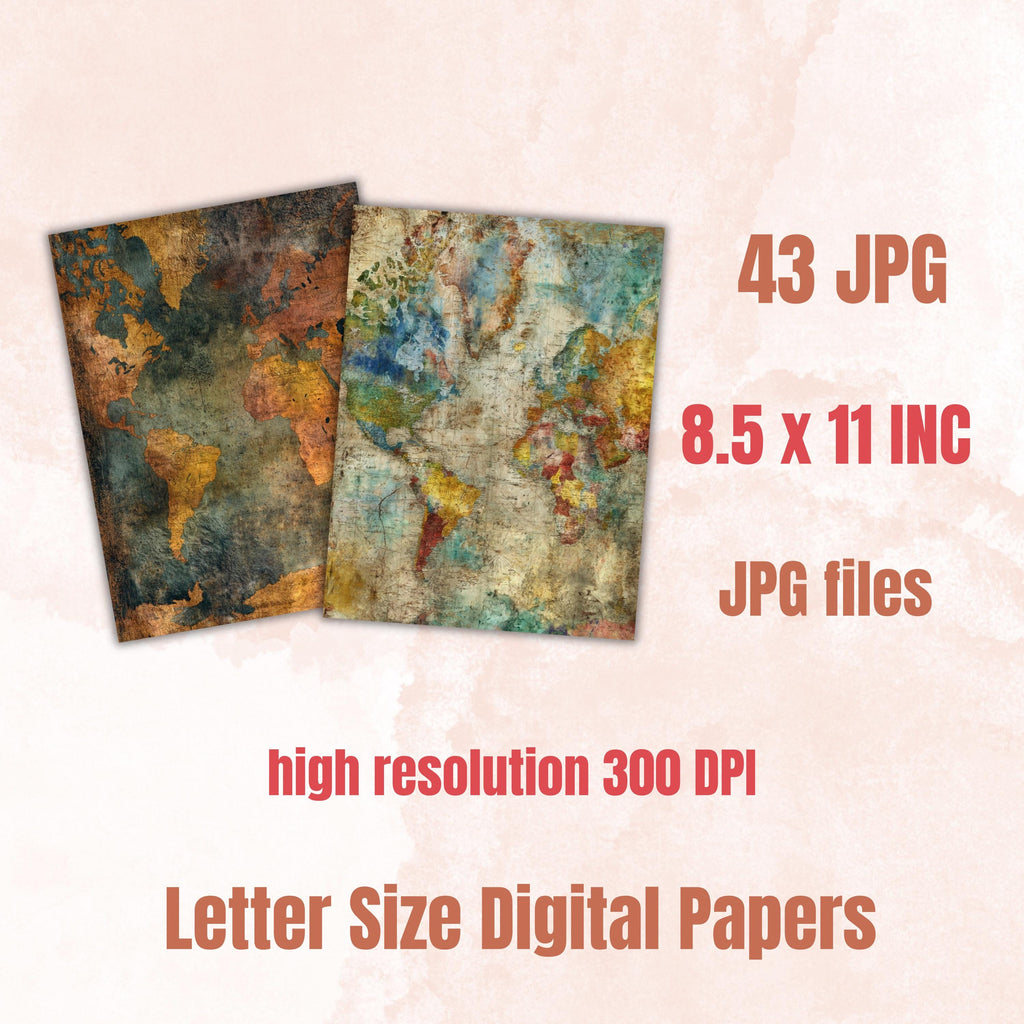 Abstract Grunge Map Pages, Vintage Map Backgrounds, Travel Junk Journal Paper, Cartography Collage Pages, Letter Size Printable