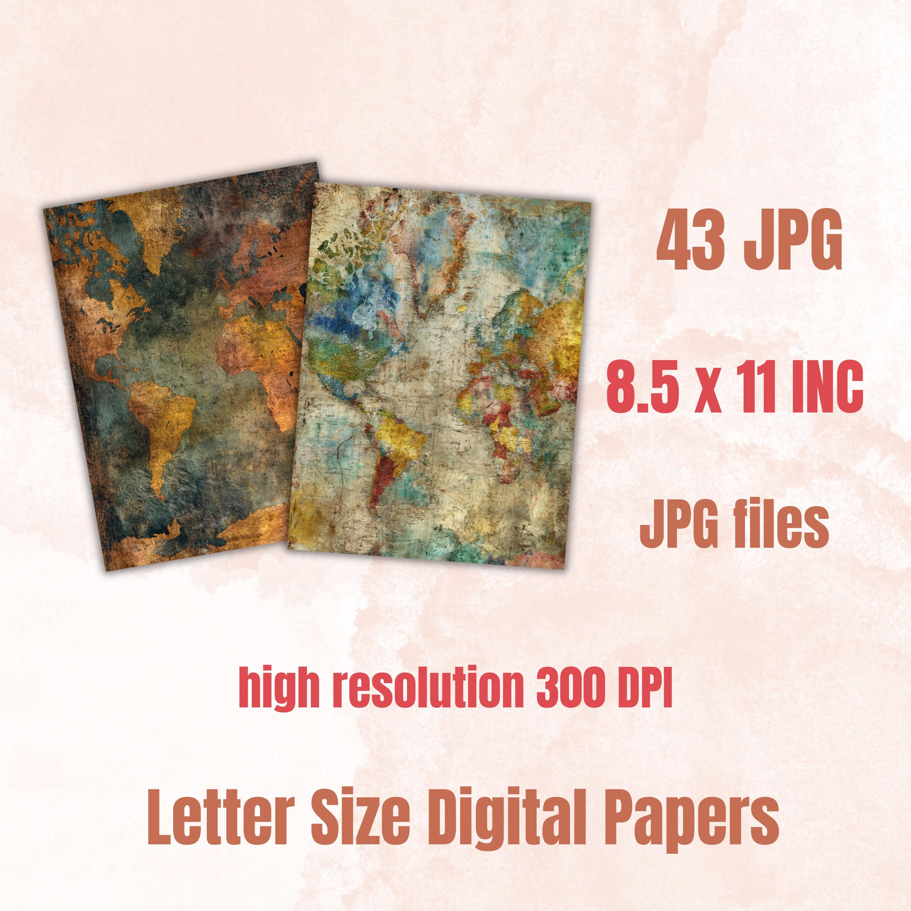 Abstract Grunge Map Pages, Vintage Map Backgrounds, Travel Junk Journal Paper, Cartography Collage Pages, Letter Size Printable
