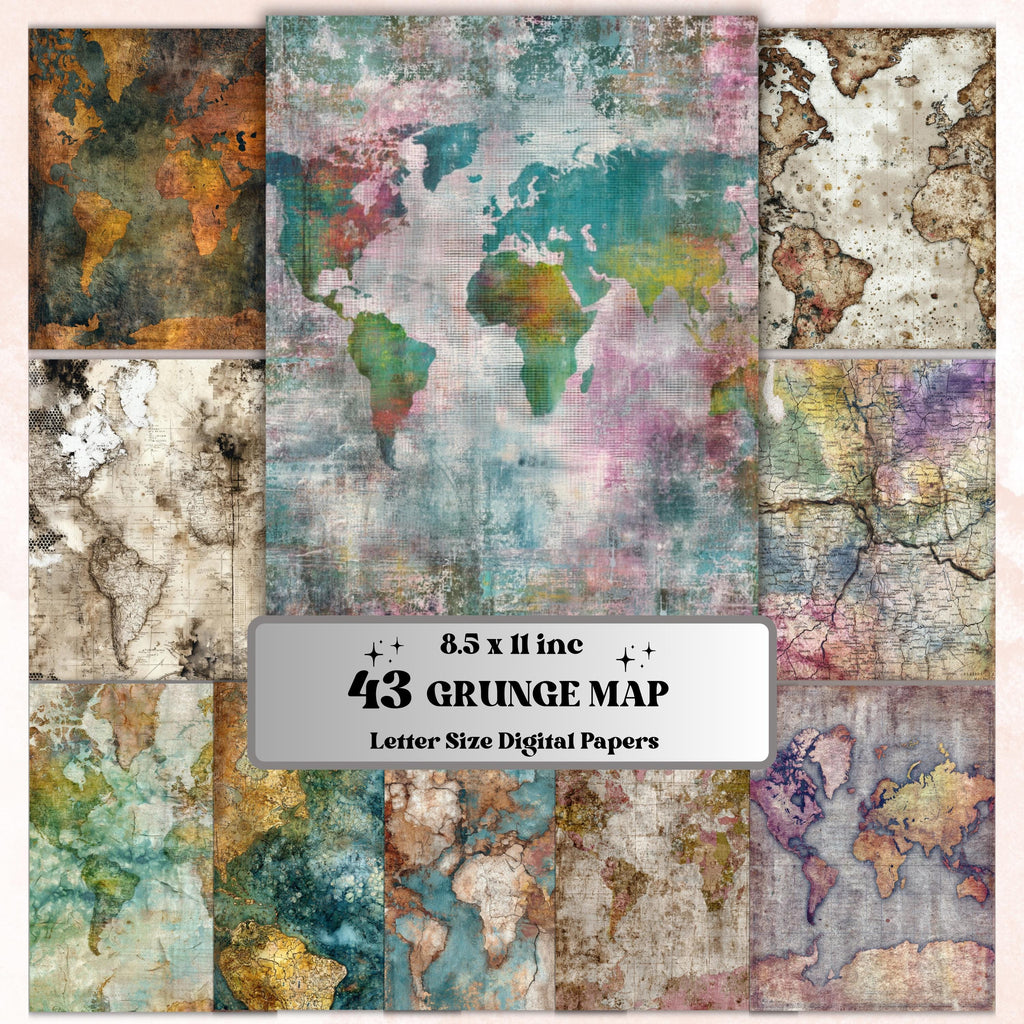 Abstract Grunge Map Pages, Vintage Map Backgrounds, Travel Junk Journal Paper, Cartography Collage Pages, Letter Size Printable