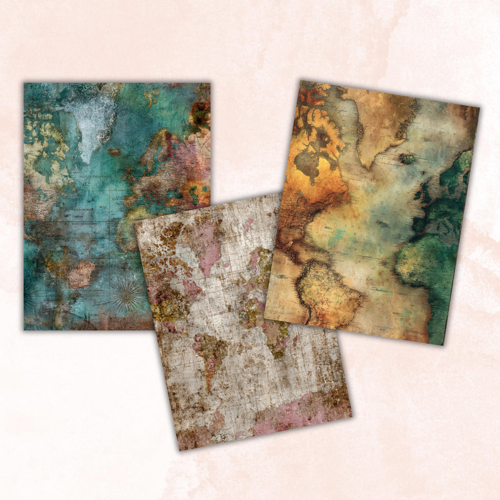 Abstract Grunge Map Pages, Vintage Map Backgrounds, Travel Junk Journal Paper, Cartography Collage Pages, Letter Size Printable