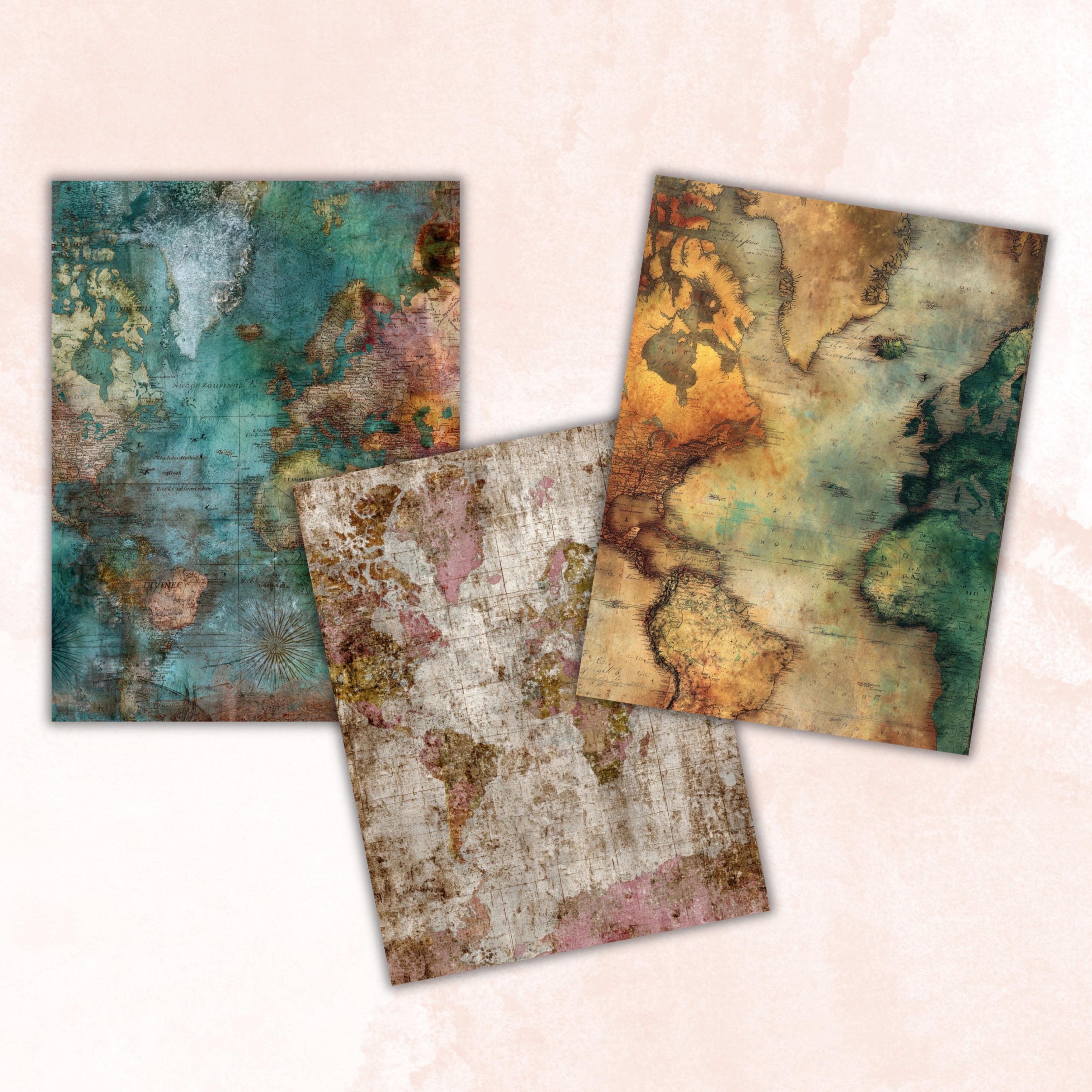Abstract Grunge Map Pages, Vintage Map Backgrounds, Travel Junk Journal Paper, Cartography Collage Pages, Letter Size Printable