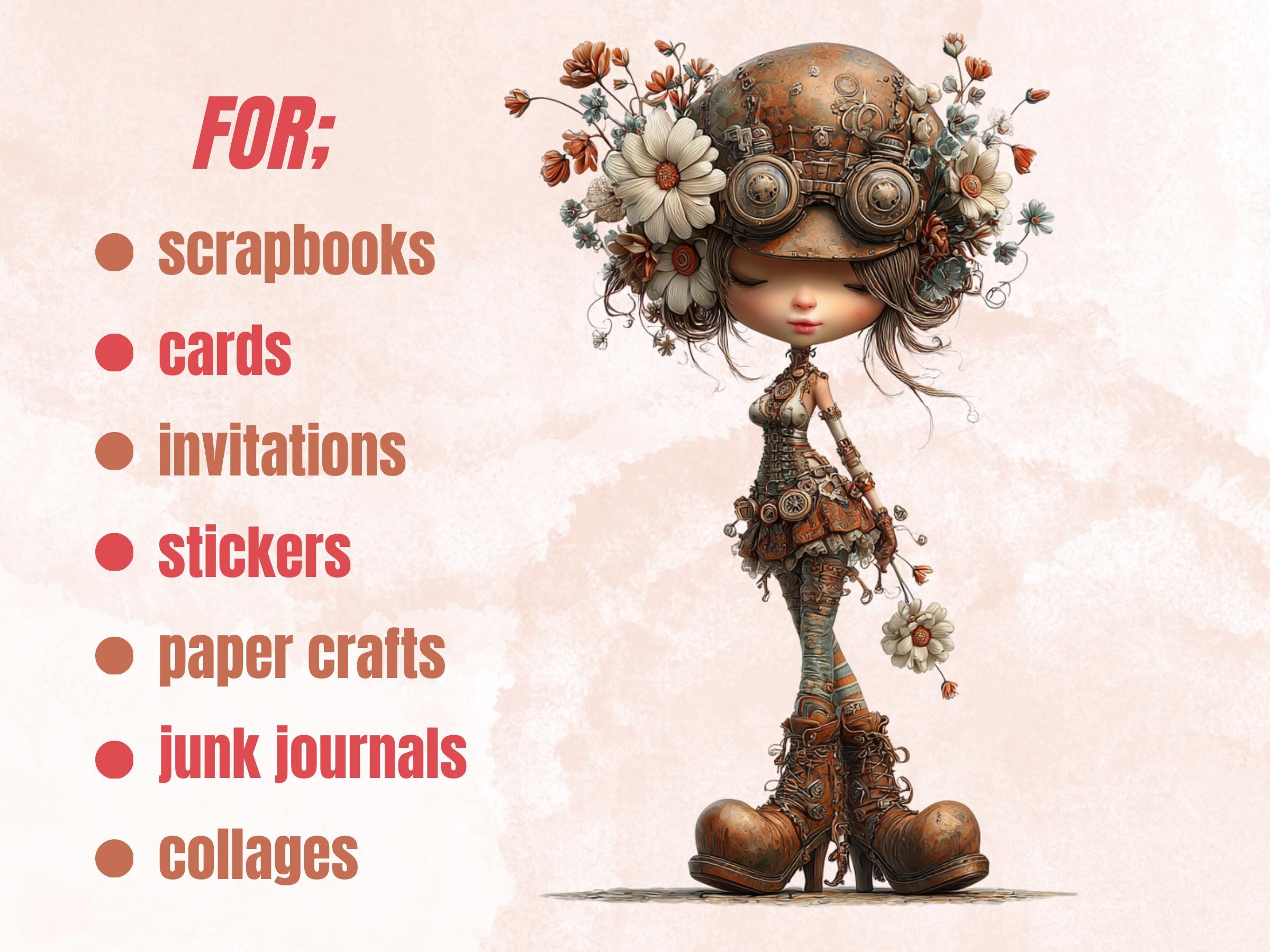 Steampunk Industrial Girls Clipart – 44 PNG Whimsical Victorian Hats, Gears, Fashion for Crafts & Journals (Digital Download)