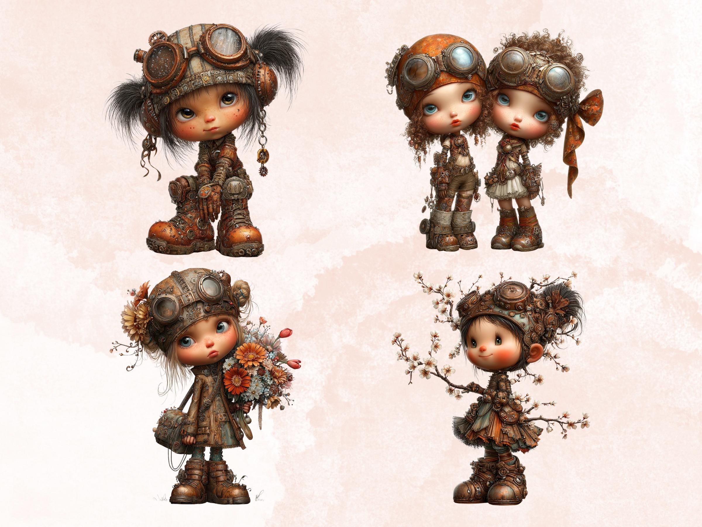 Steampunk Industrial Girls Clipart – 44 PNG Whimsical Victorian Hats, Gears, Fashion for Crafts & Journals (Digital Download)