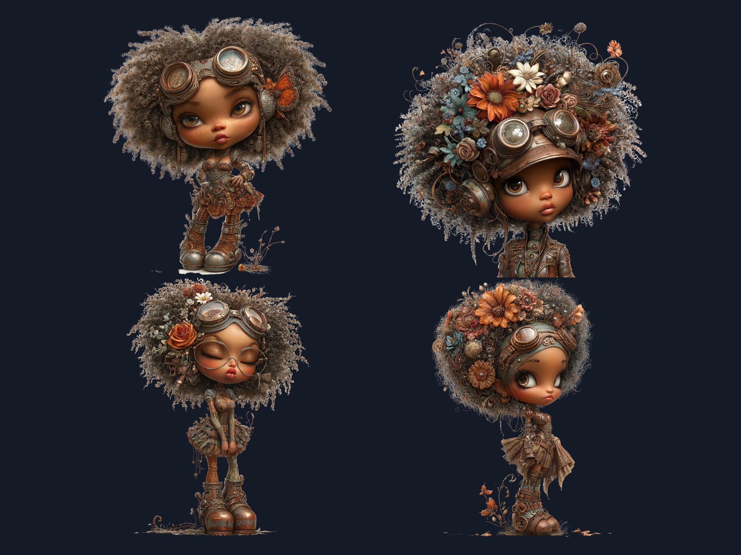 Steampunk Industrial Black Girls Clipart – 45 PNG Whimsical Afro Fairy, Victorian Hats, Gears, Fashion for Crafts & Journals
