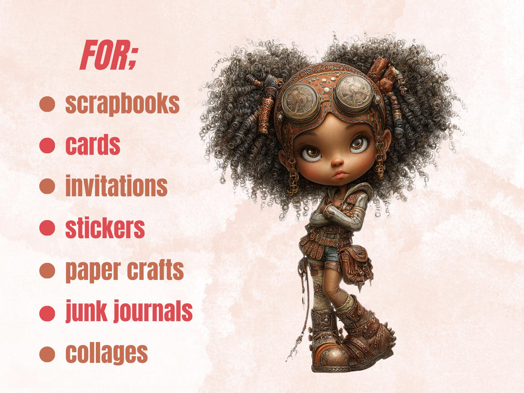 Steampunk Industrial Black Girls Clipart – 45 PNG Whimsical Afro Fairy, Victorian Hats, Gears, Fashion for Crafts & Journals
