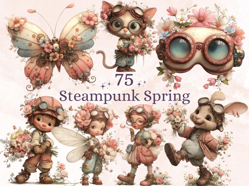Whimsical Steampunk Floral Spring Clipart – 75 PNG Industrial Flowers, Gears, Keys for Crafts & Journals (Digital Download)