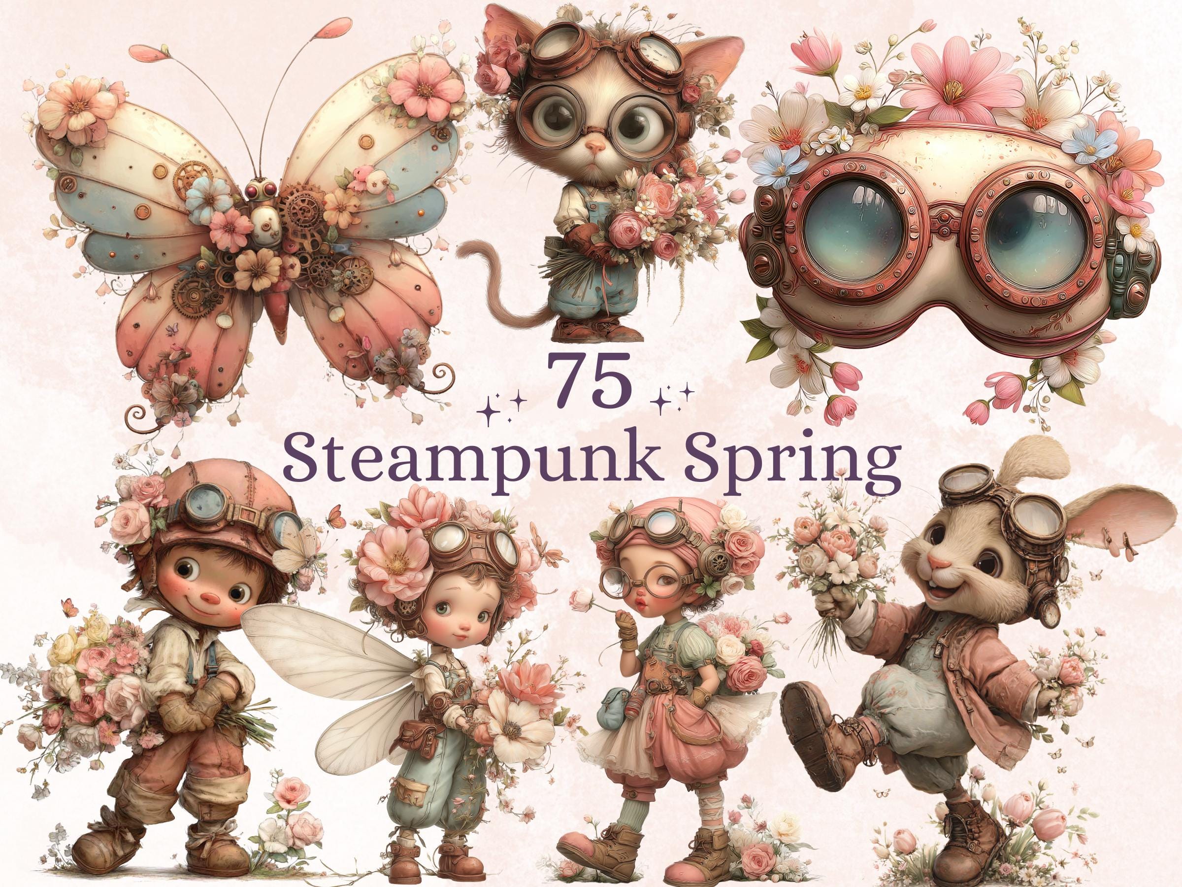 Whimsical Steampunk Floral Spring Clipart – 75 PNG Industrial Flowers, Gears, Keys for Crafts & Journals (Digital Download)