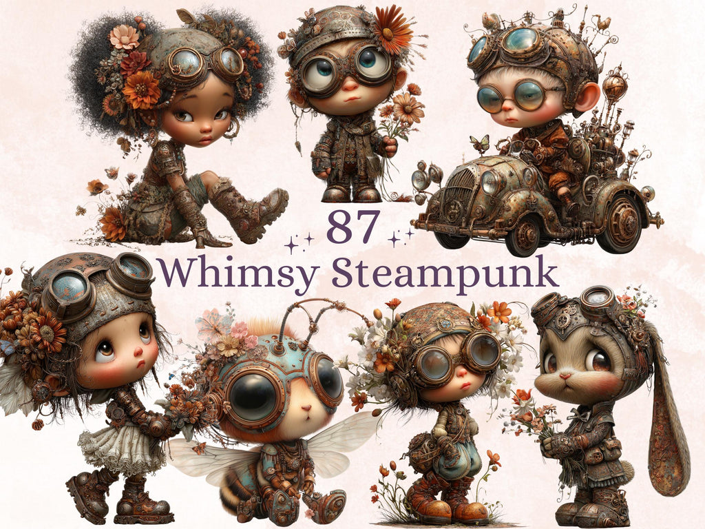 Whimsical Steampunk Clipart Bundle – 87 PNG Industrial Gears, Girls, Animals, Objects, Signs for Crafts & Journals (Digital Download)