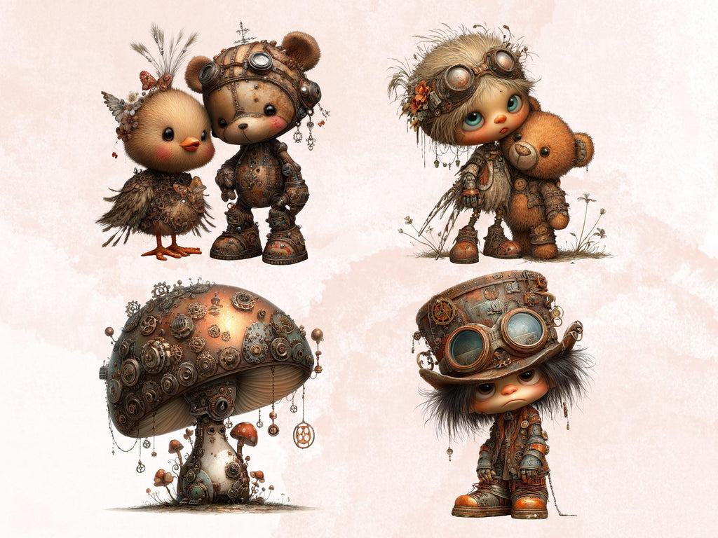 Whimsical Steampunk Clipart Bundle – 87 PNG Industrial Gears, Girls, Animals, Objects, Signs for Crafts & Journals (Digital Download)