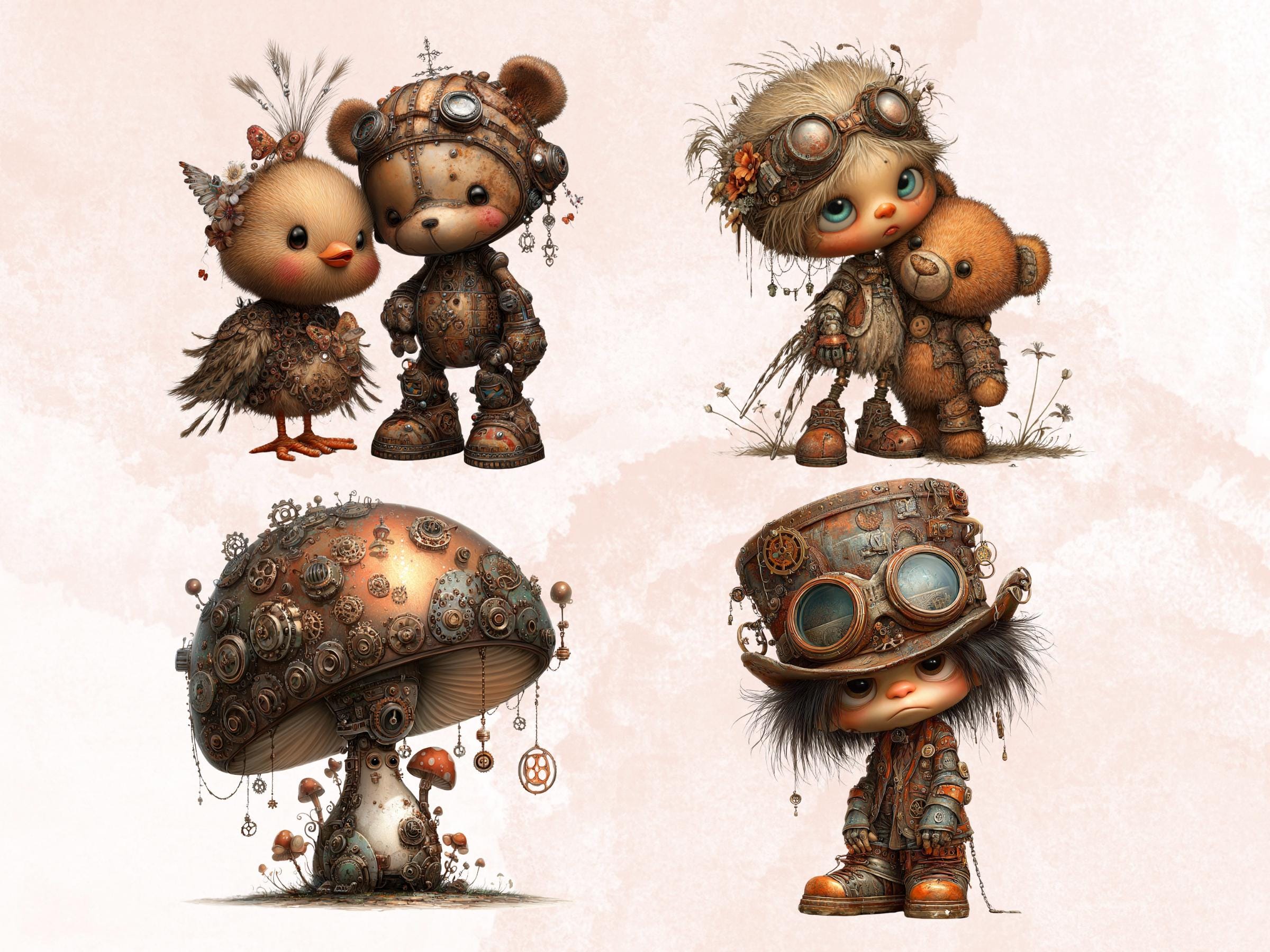 Whimsical Steampunk Clipart Bundle – 87 PNG Industrial Gears, Girls, Animals, Objects, Signs for Crafts & Journals (Digital Download)