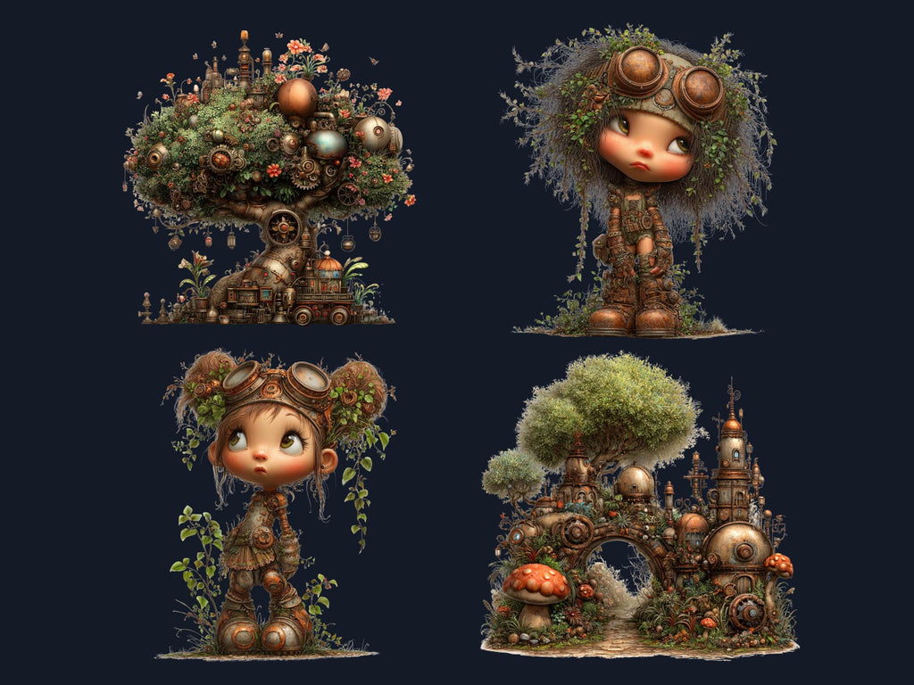 Whimsical Steampunk Woodland Clipart – 67 PNG Industrial Forest Animals, Gears, Nature for Journals & Crafts (Digital Download)