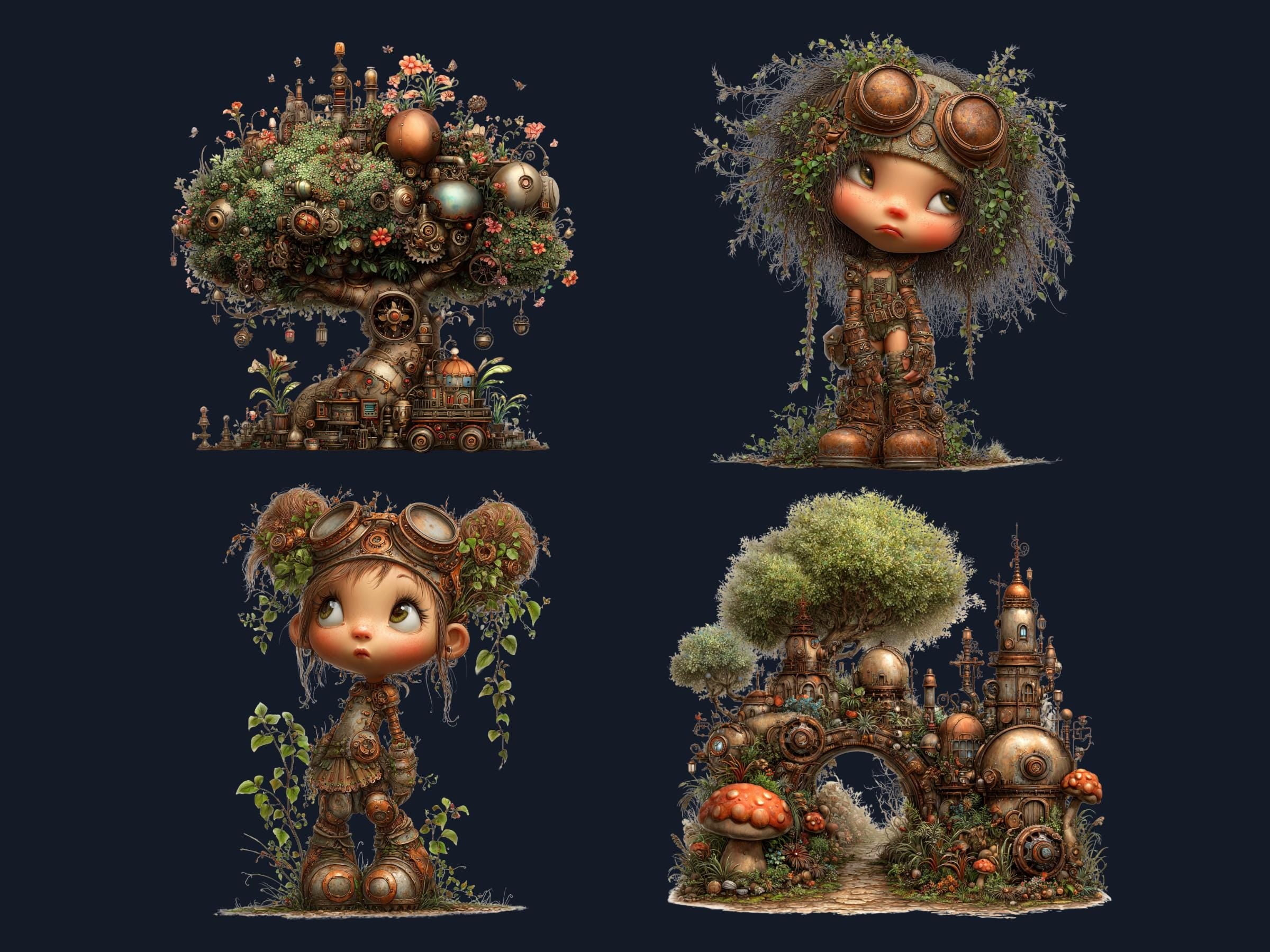 Whimsical Steampunk Woodland Clipart – 67 PNG Industrial Forest Animals, Gears, Nature for Journals & Crafts (Digital Download)