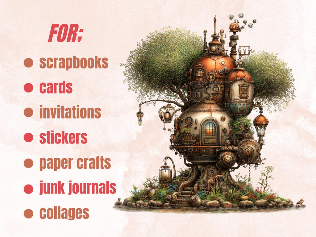 Whimsical Steampunk Woodland Clipart – 67 PNG Industrial Forest Animals, Gears, Nature for Journals & Crafts (Digital Download)