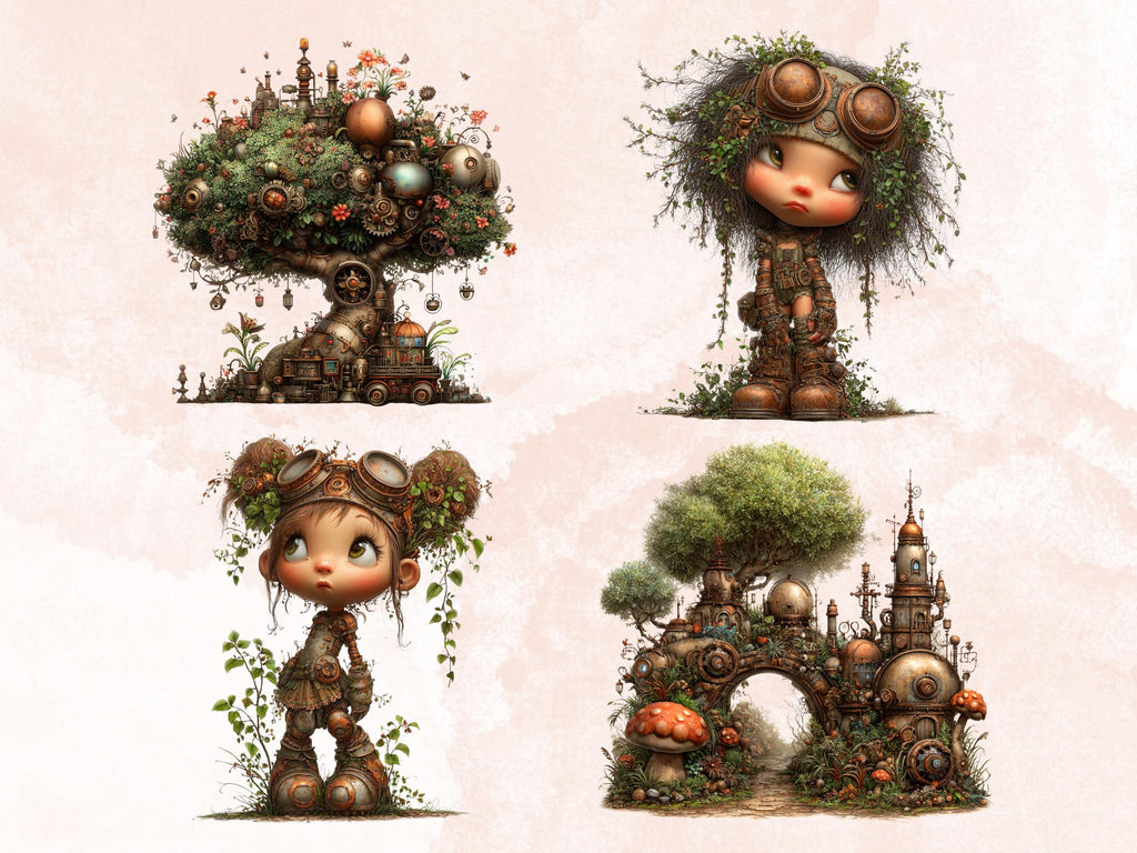 Whimsical Steampunk Woodland Clipart – 67 PNG Industrial Forest Animals, Gears, Nature for Journals & Crafts (Digital Download)
