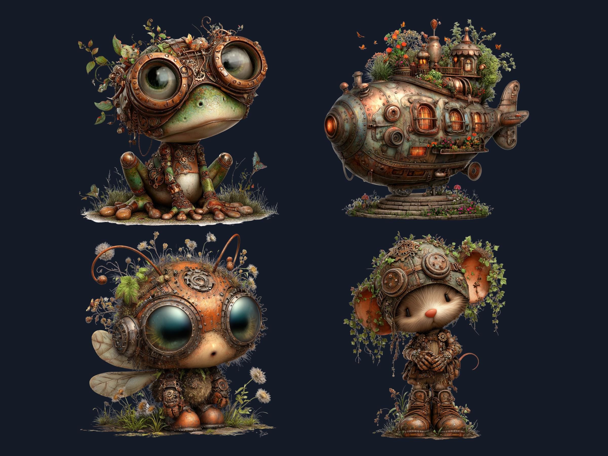 Whimsical Steampunk Woodland Clipart – 67 PNG Industrial Forest Animals, Gears, Nature for Journals & Crafts (Digital Download)