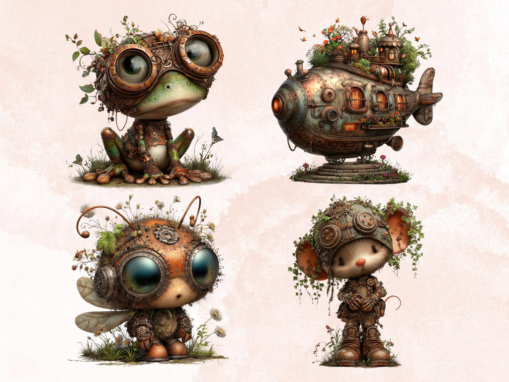 Whimsical Steampunk Woodland Clipart – 67 PNG Industrial Forest Animals, Gears, Nature for Journals & Crafts (Digital Download)