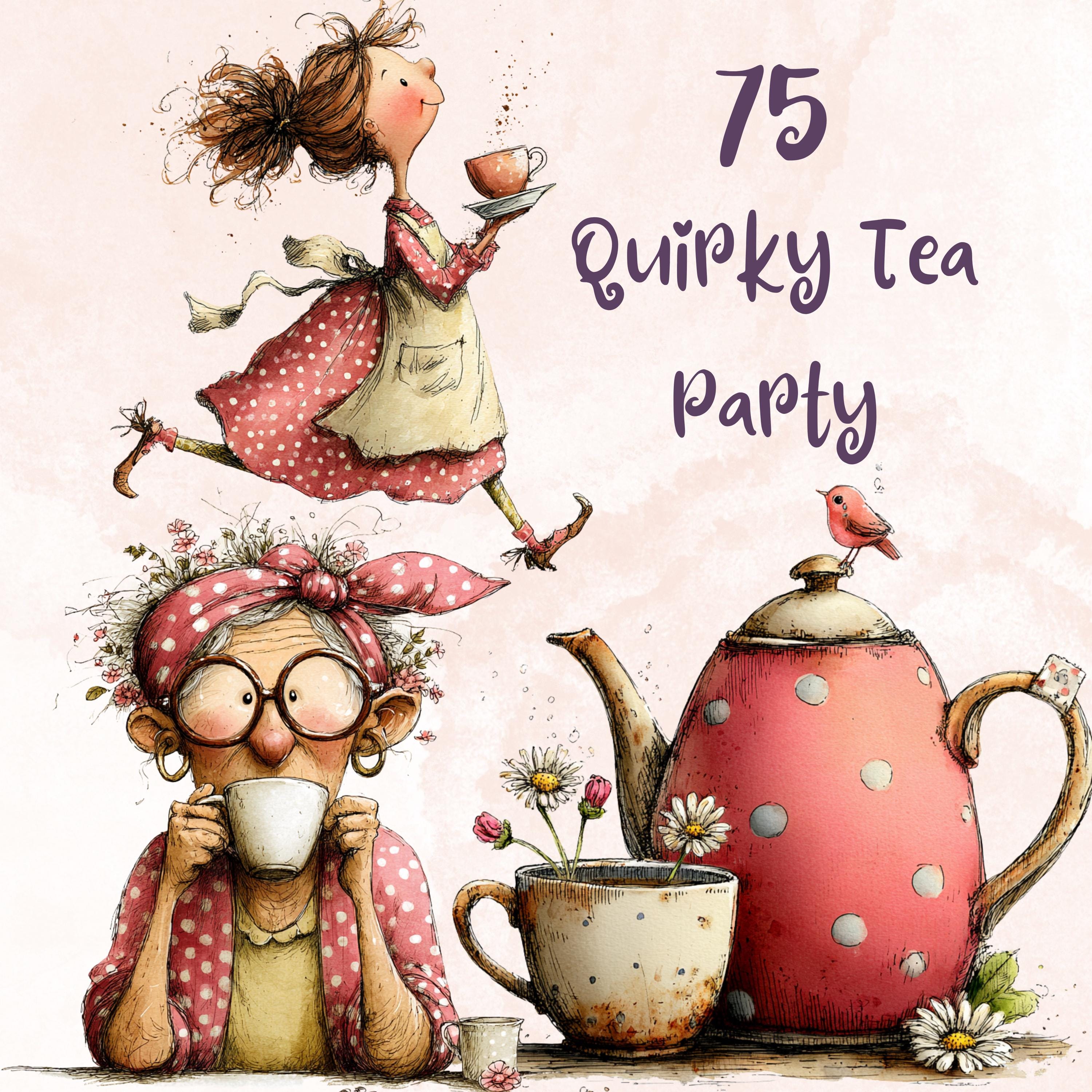 Whimsical Tea Party Clipart Bundle, Quirky Floral Tea Time PNG Illustrations (Digital Download, Commercial Use)