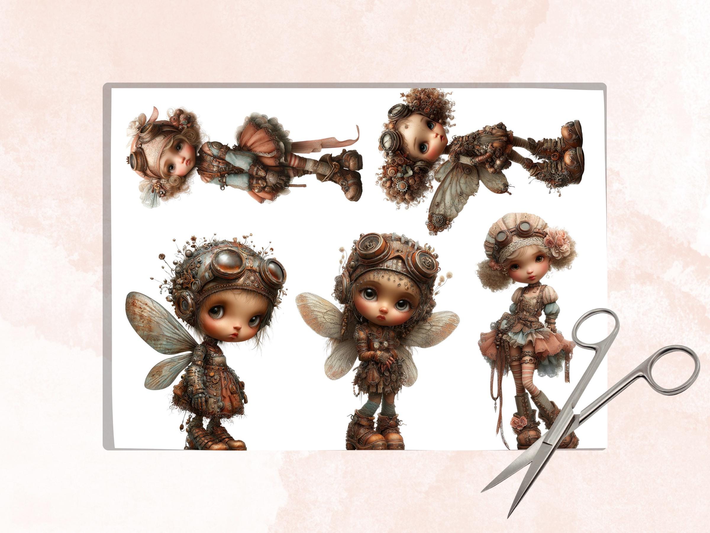 Steampunk Girl Fussy Cut, 35 Vintage Steampunk Fairy Cutouts, Junk Journal Ephemera Scrapbook Sheets