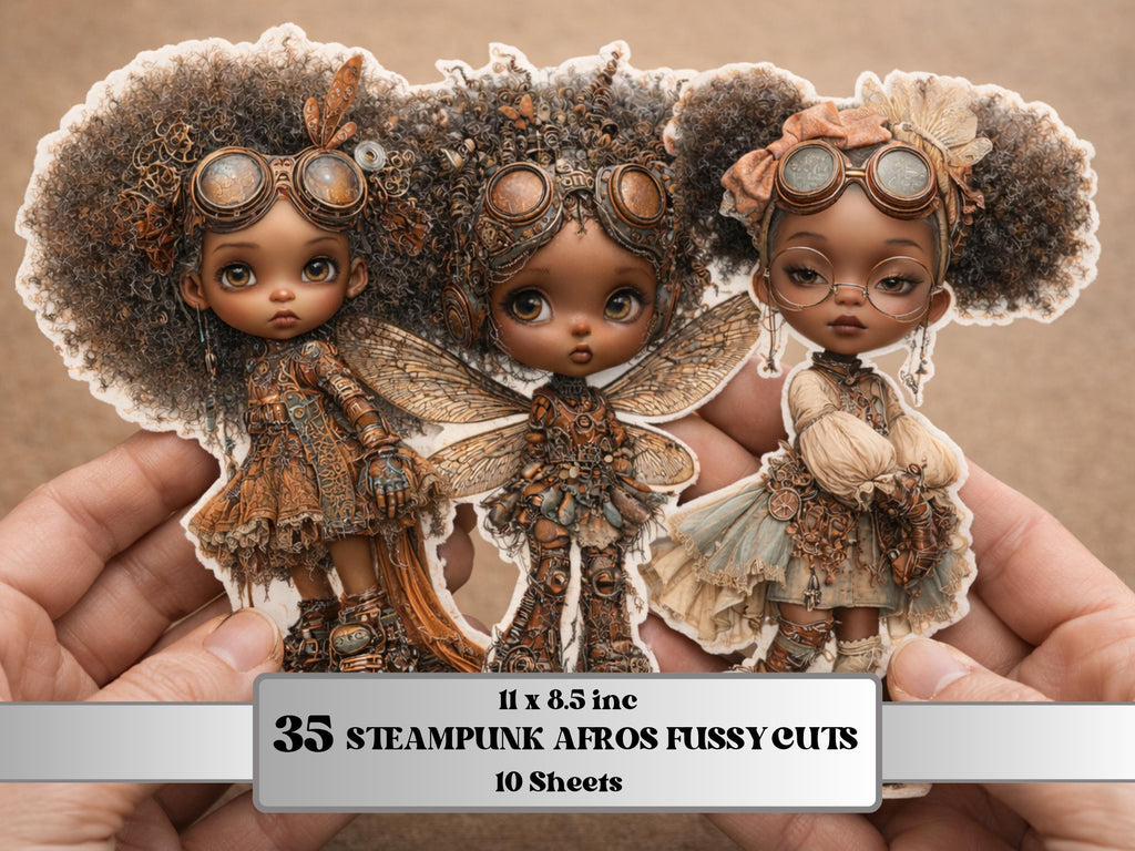 Steampunk Black Girls Fussy Cut, 35 Vintage Afro Fairy Cutouts, Industrial Junk Journal Ephemera Scrapbook Sheets