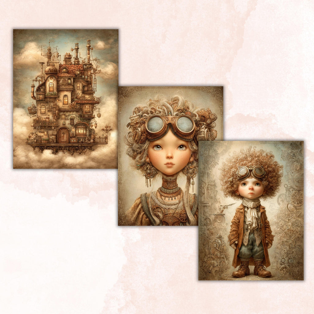 Whimsy Steampunk Pages, Vintage Industrial Collage Backgrounds (Digital Download)