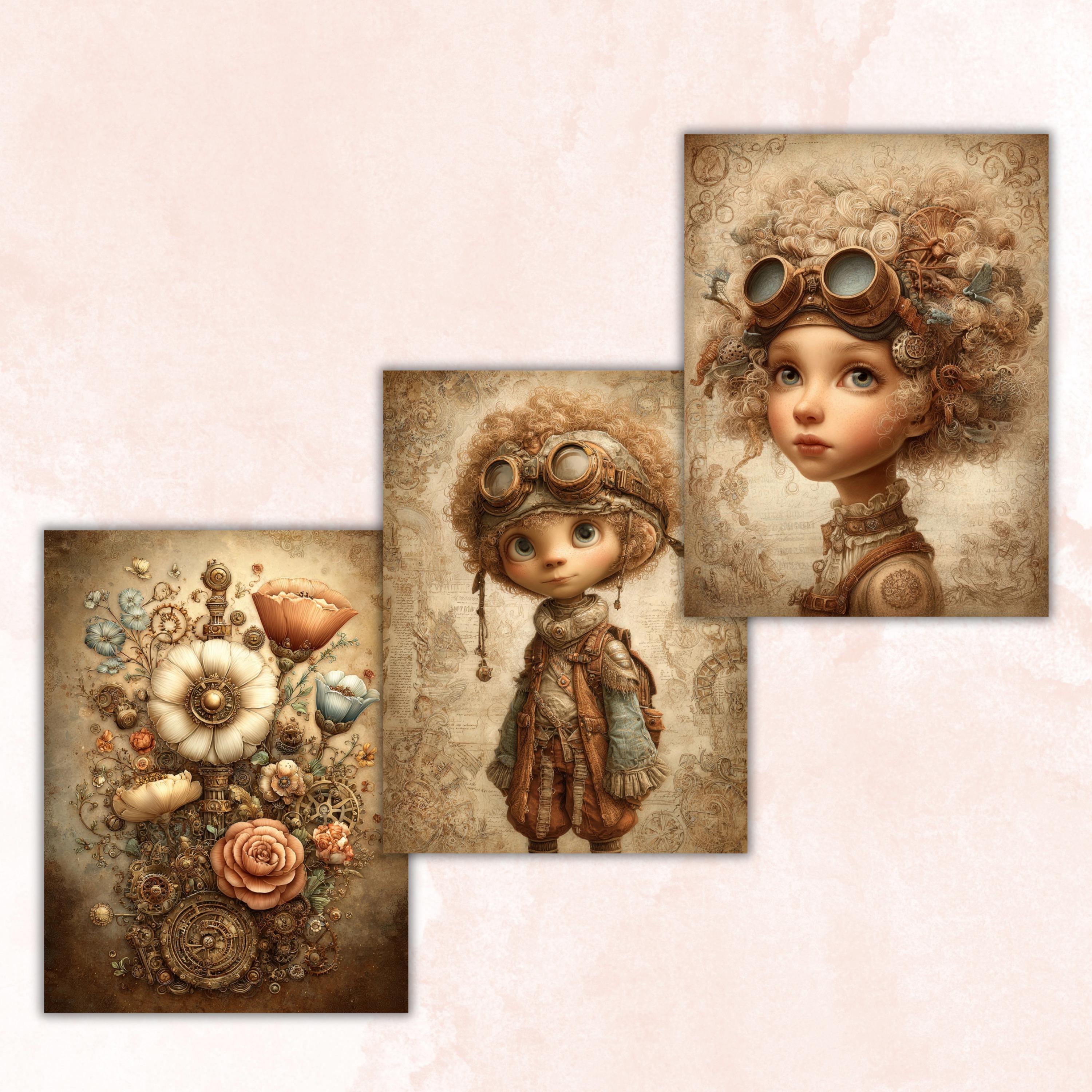 Whimsy Steampunk Pages, Vintage Industrial Collage Backgrounds (Digital Download)
