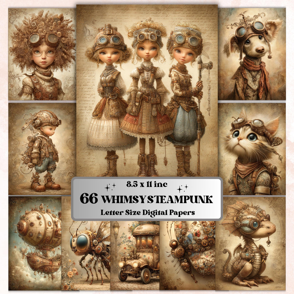 Whimsy Steampunk Pages, Vintage Industrial Collage Backgrounds (Digital Download)