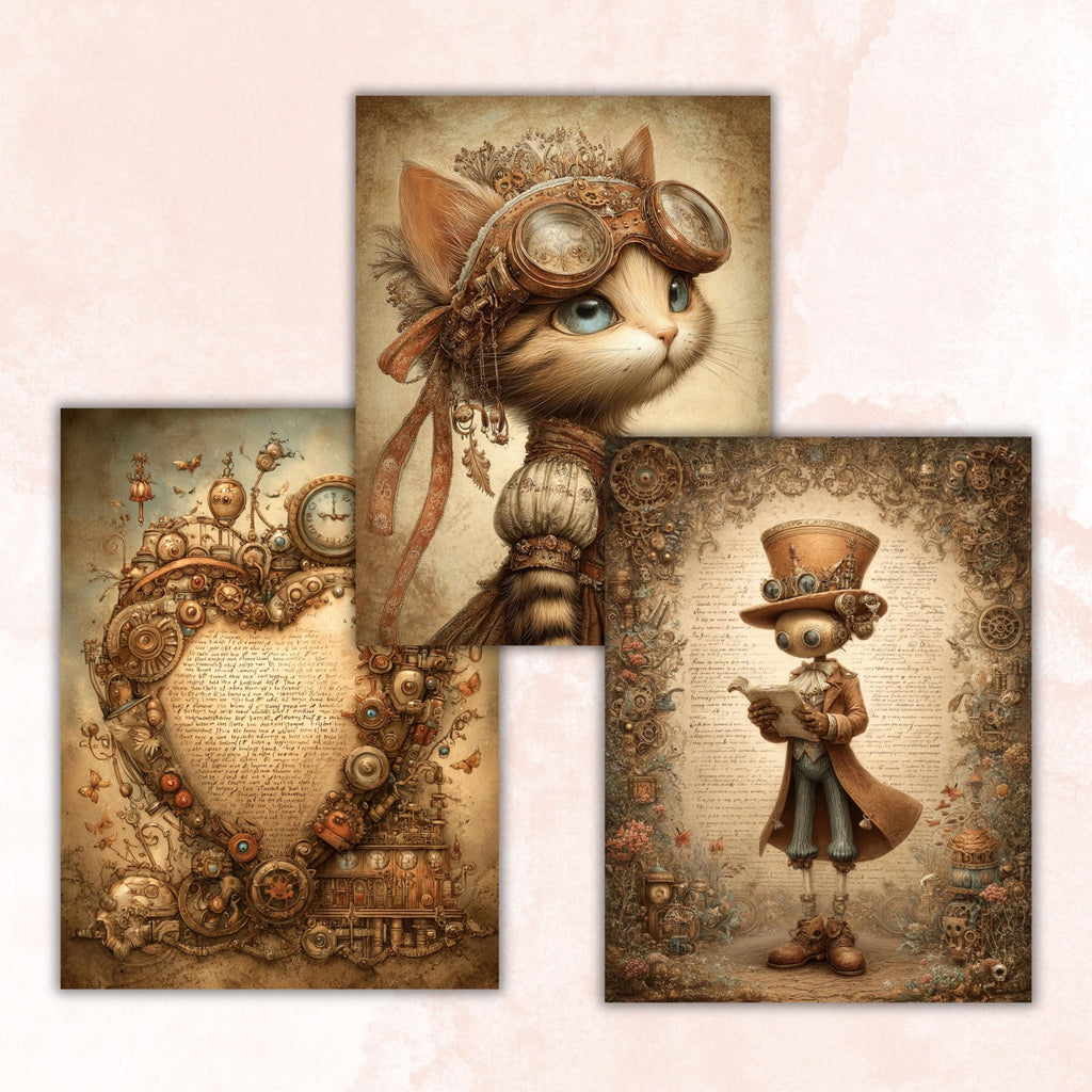 Whimsy Steampunk Pages, Vintage Industrial Collage Backgrounds (Digital Download)