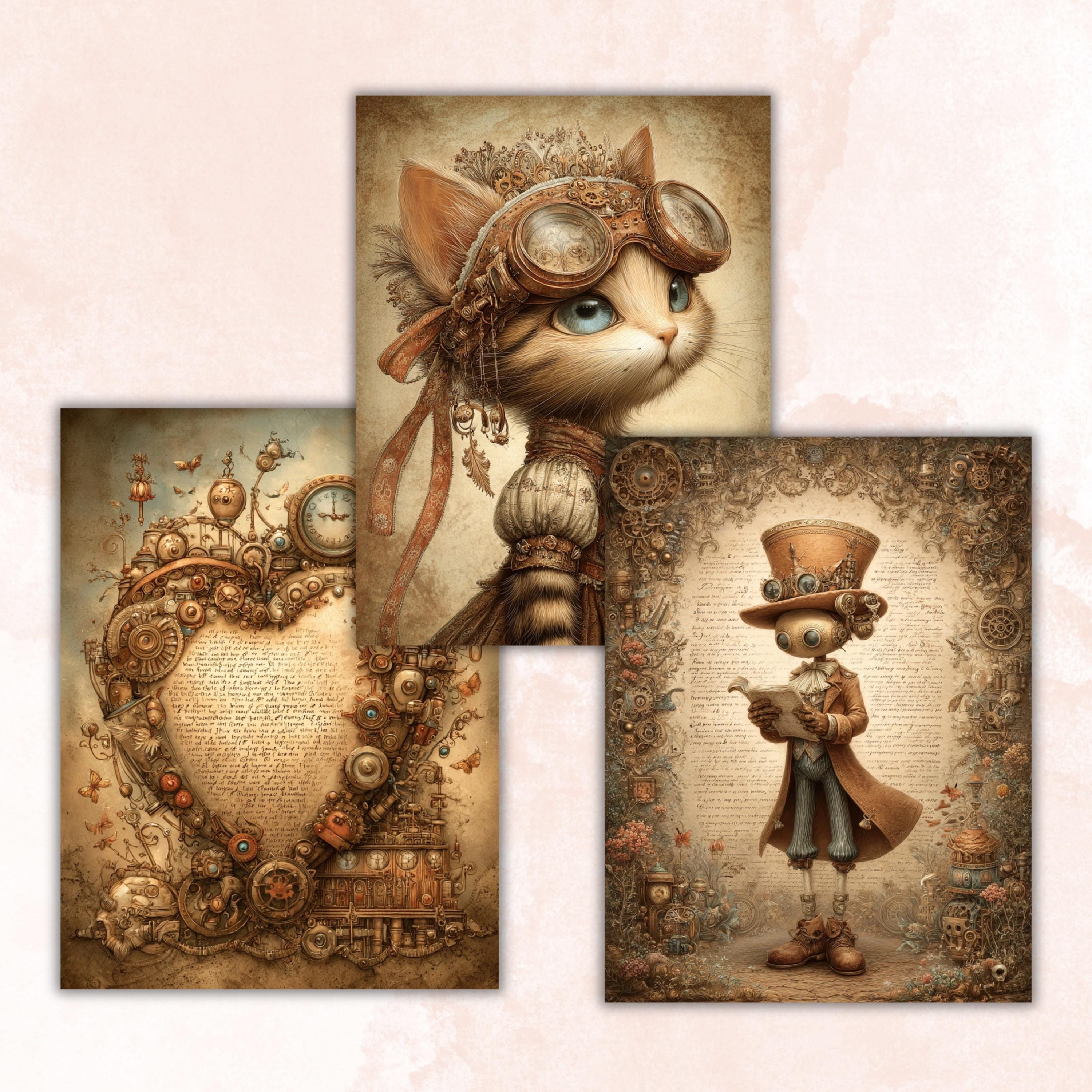 Whimsy Steampunk Pages, Vintage Industrial Collage Backgrounds (Digital Download)