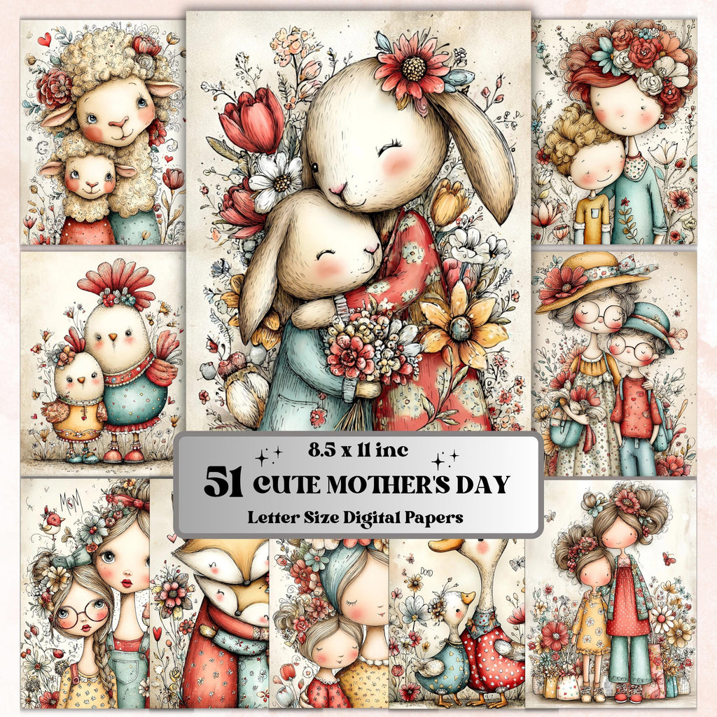 Cute Whimsy Mothers Day Pages, Mother’s Day Junk Journal Paper, Cute Floral Mom Gift Printable, Whimsical Backgrounds, Letter Size