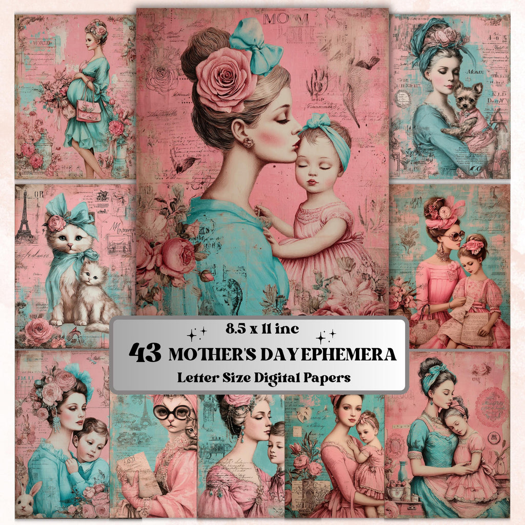 Vintage Floral Mother's Day Ephemera Pages, Junk Journal Collage Sheets (Digital Download)